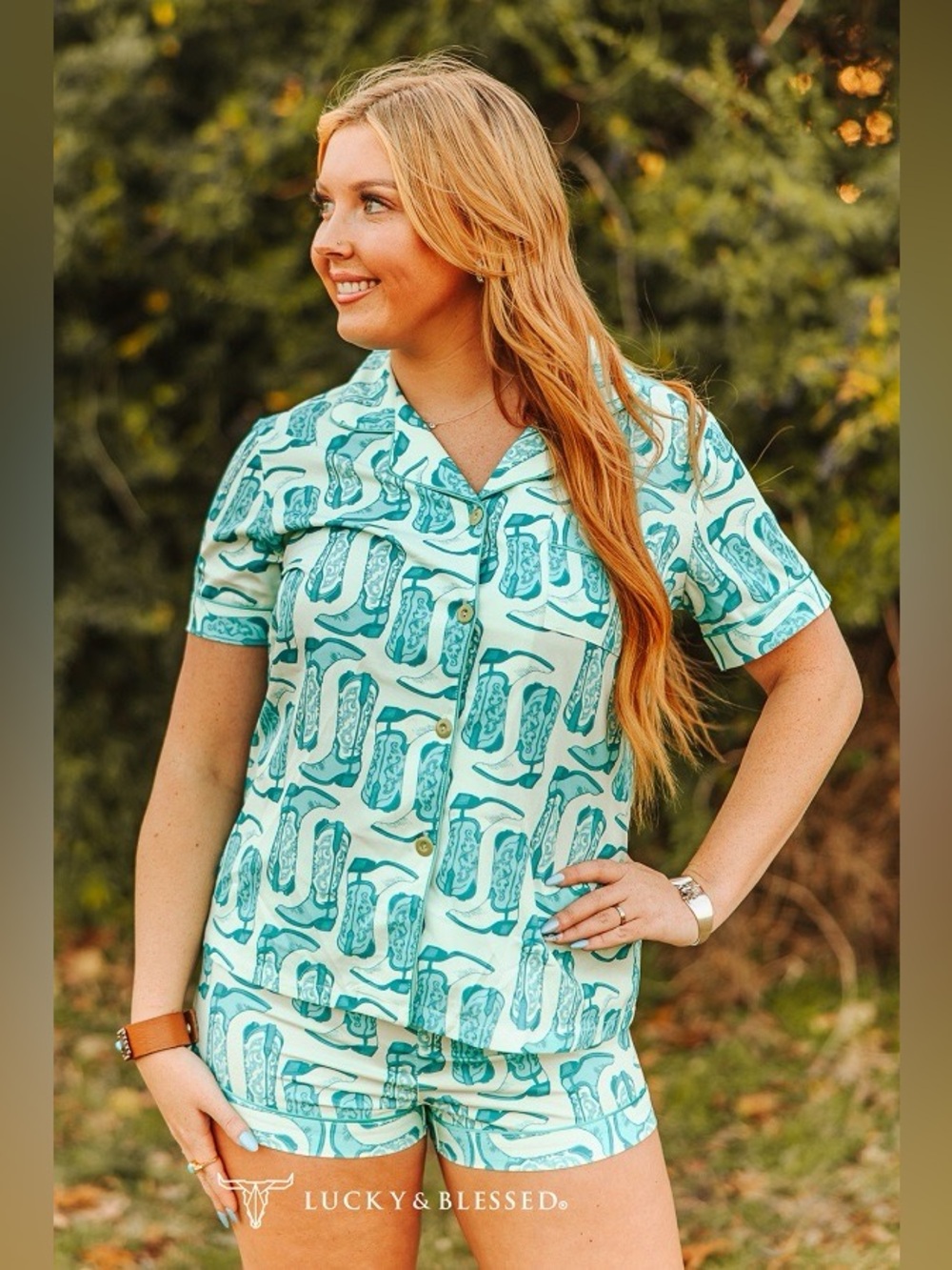 Lucky & Blessed Cream Jade Boots Printed Button Down Lounge Set